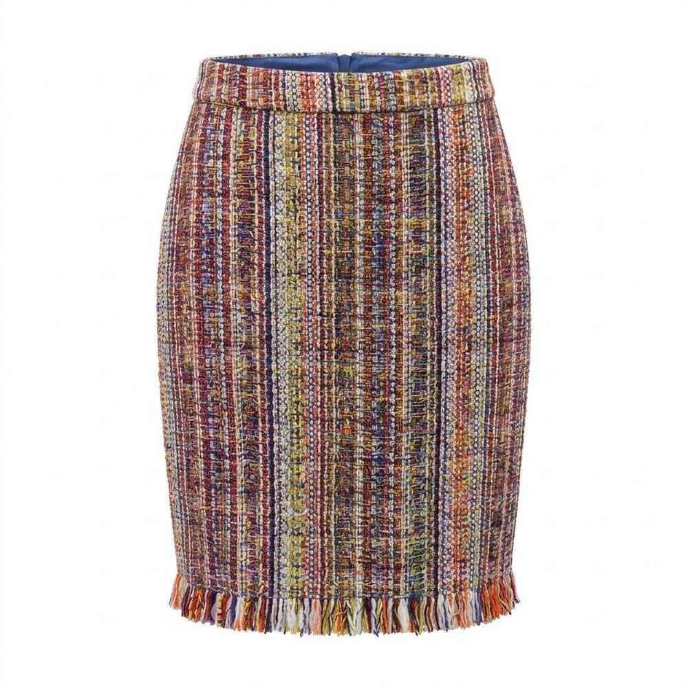 Chelsea & Theodore Multicolor Tweed Lined Fringe Pencil Skirt Women Size 4